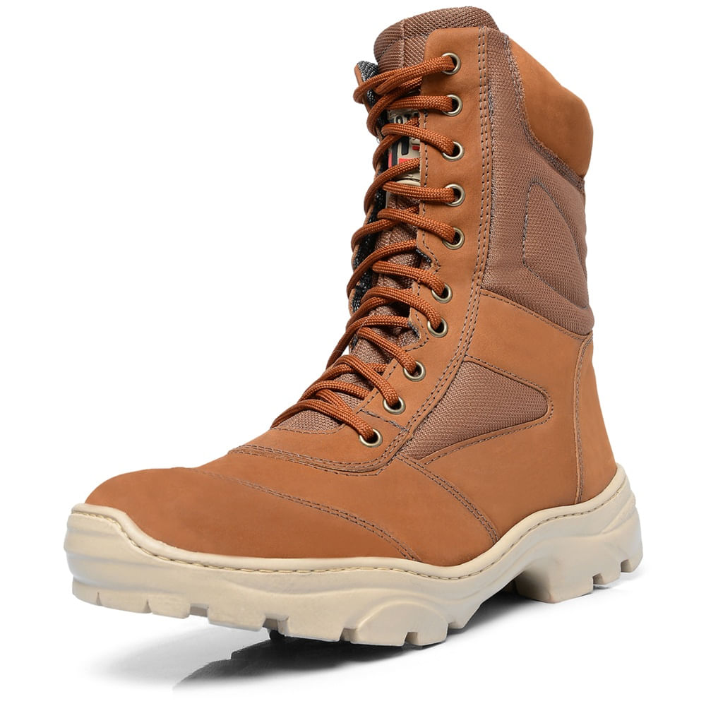 Bota Coturno Militar Couro Adventure Cano Alto Fechamento Cadarço Biqueira Reforçada Sola Borracha