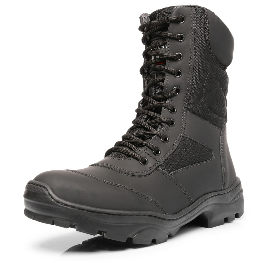 Bota Coturno Militar Couro Adventure Cano Alto Fechamento Cadarço Biqueira Reforçada Sola Borracha