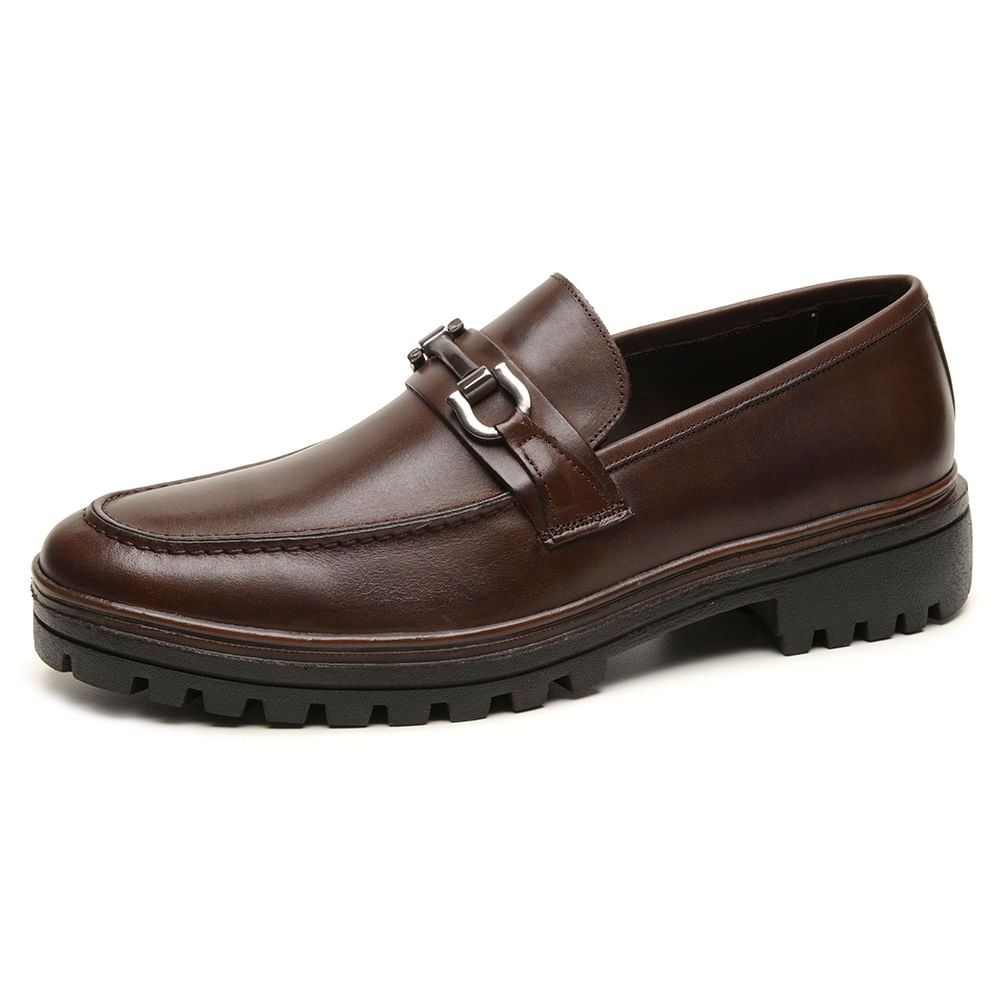Sapato Mocassim Masculino Couro Loafer Classico Detalhe Metal Frontal Forrado Solado Borracha