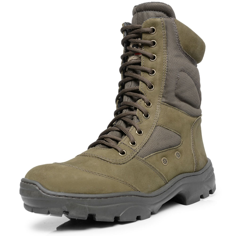 Bota Coturno Militar Couro Adventure Cano Alto Fechamento Cadarço Biqueira Reforçada Sola Borracha