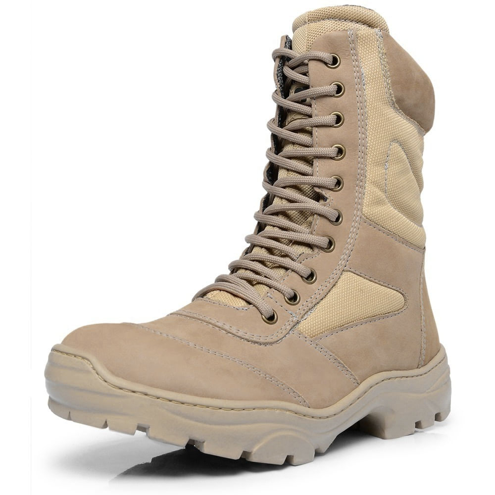 Bota Coturno Militar Couro Adventure Cano Alto Fechamento Cadarço Biqueira Reforçada Sola Borracha