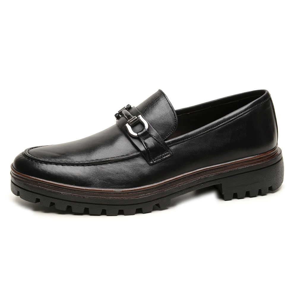 Sapato Mocassim Masculino Couro Loafer Classico Detalhe Metal Frontal Forrado Solado Borracha