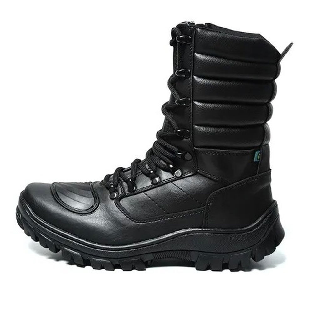 Bota Coturno Militar Tatico Cano Alto Fechamento Cadarço E Ziper Sola Borracha