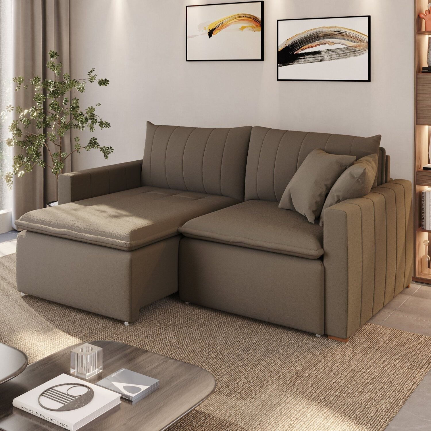 Sofá Cama Retrátil Em Madeira Eucalipto E Bouclê 210cm Uruguai Marrom