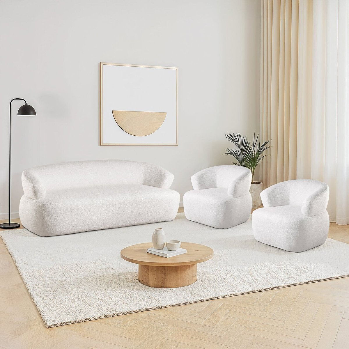 Conjunto 1 Sofá Orgânico 200cm E 2 Poltronas Base Fixa E Orgânicas Zoe Espresso Móveis Off White