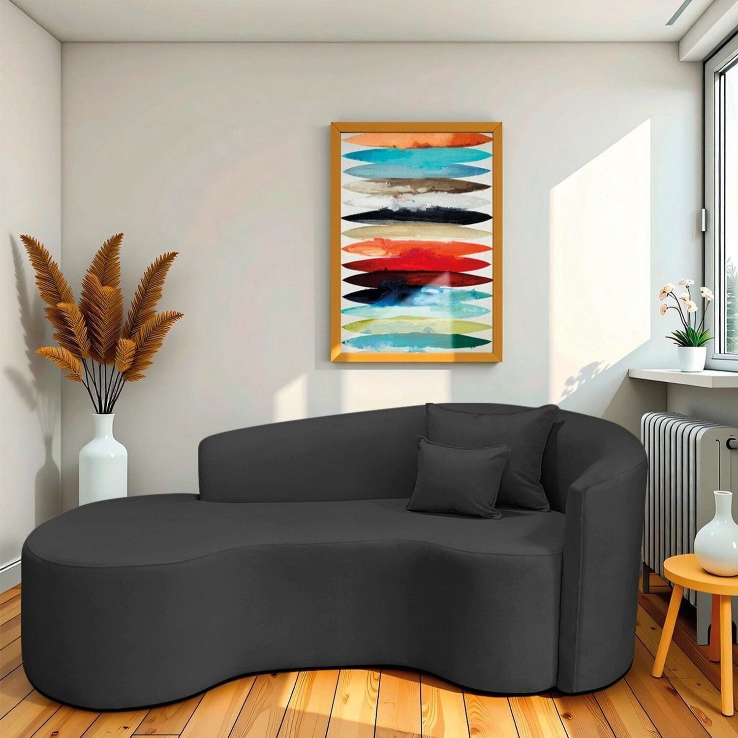 Recamier Curvo Orgânico 200cm 3 Lugares Lado Esquerdo Para Sala De Estar Linho Londres Preto