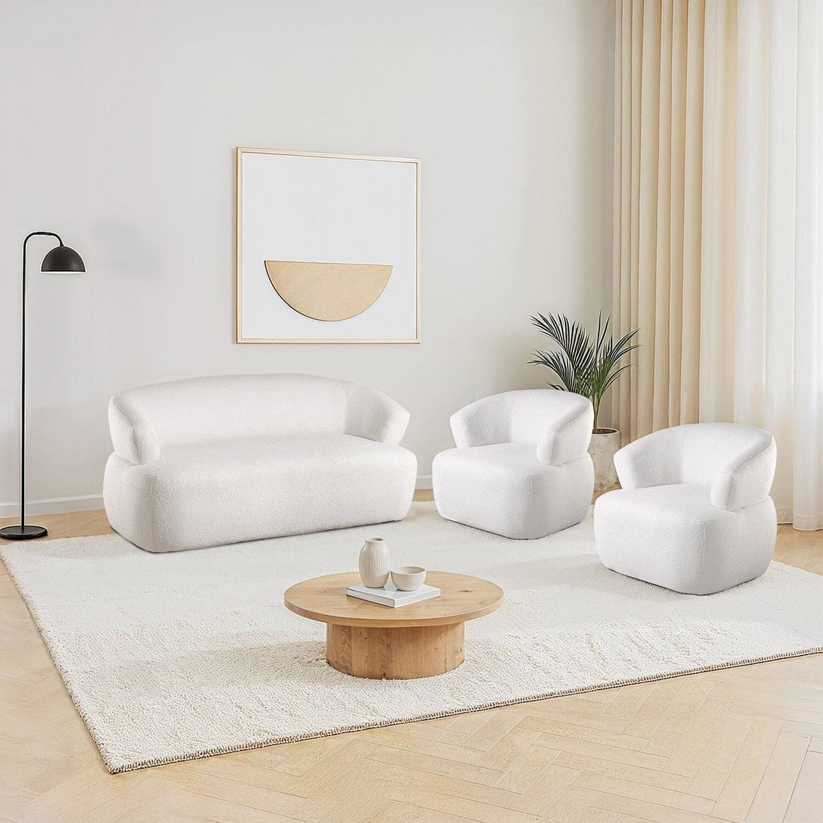 Conjunto 1 Sofá Orgânico 2 Lugares 160cm E 2 Poltronas Base Fixa E Orgânicas Zoe Espresso Móveis Off White