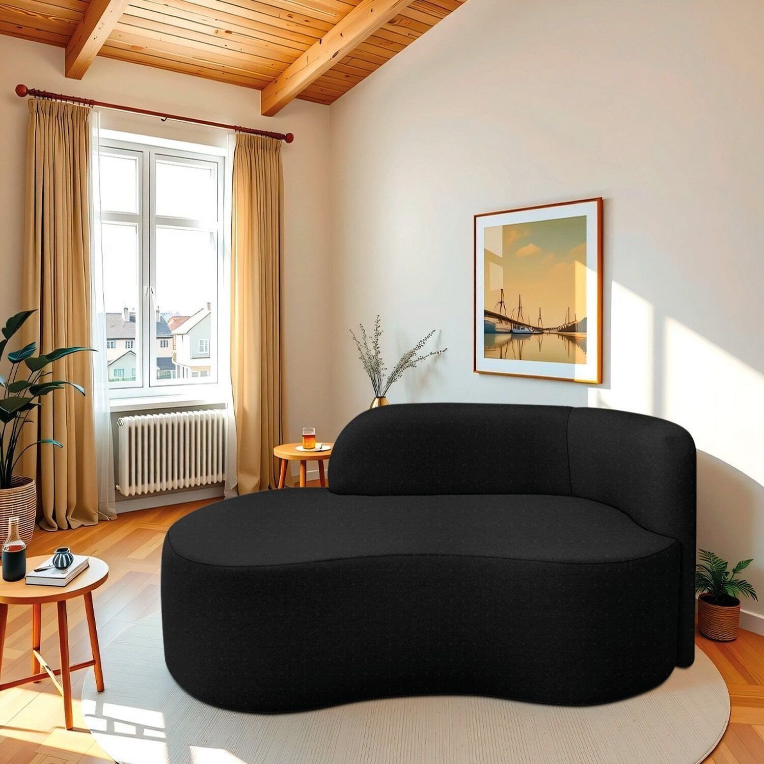 Recamier Curvo Orgânico 160cm 2 Lugares Lado Esquerdo Para Sala Ou Quarto Linho Japão Preto