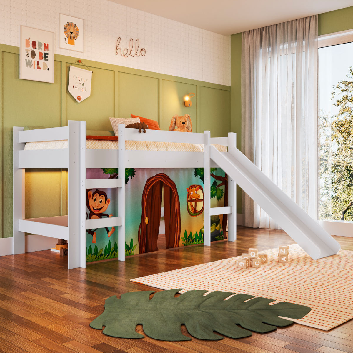 Cama Infantil Elevada Com Escorregador Branco E Cortina Estampada Zoo Completa Móveis Completa Móveis