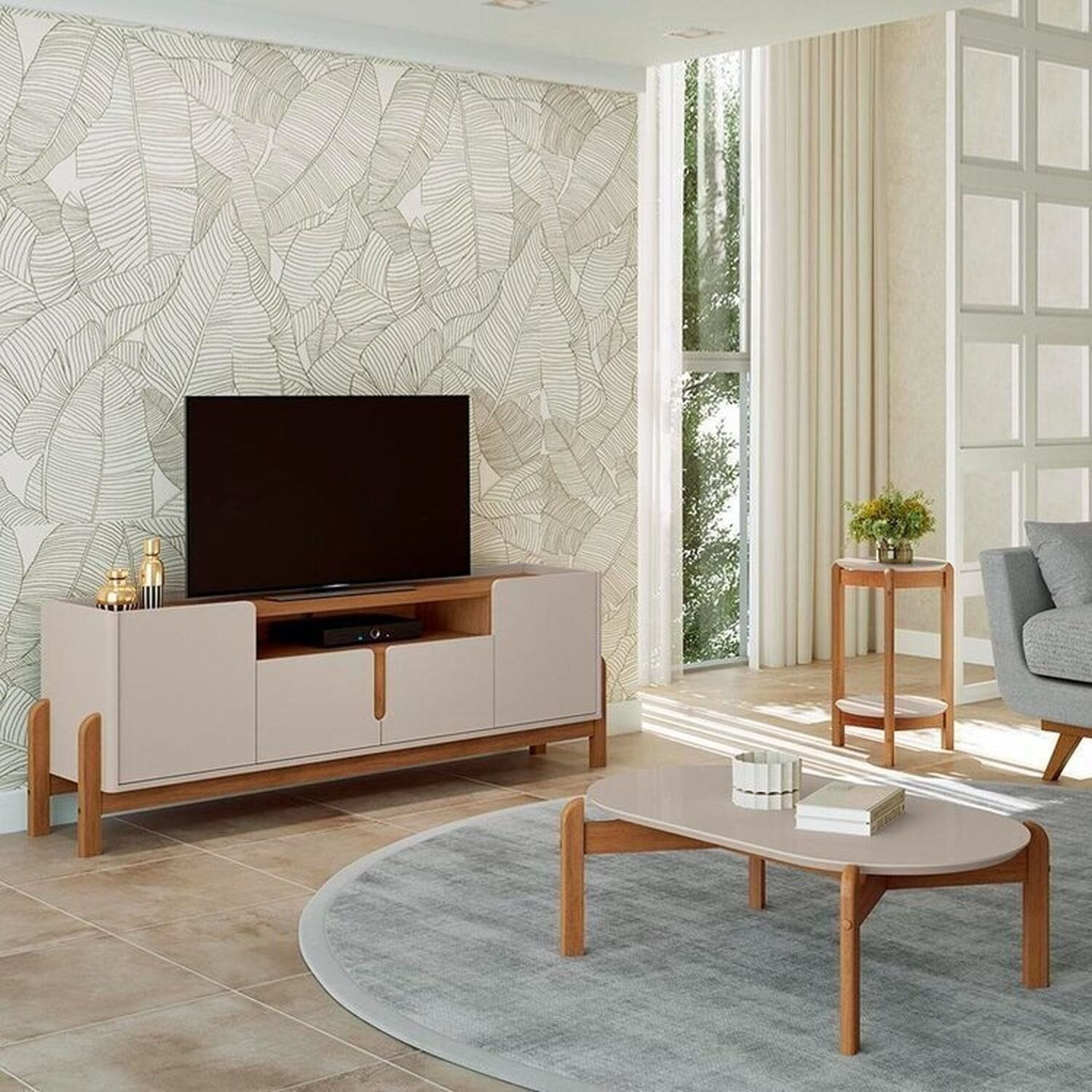 Rack 1,70 Com Mesa De Centro E Mesa Lateral Lizz Off White/cedro