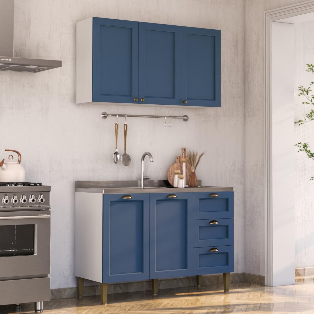 Armário De Cozinha Americana Modulada 120cm Com Balcão Para Pia Multimóveis Cr20492 Branco/azul