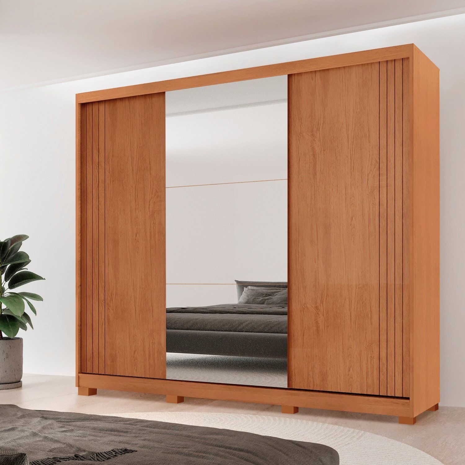 Guarda-roupa Casal 100% Mdf 3 Portas De Correr 4 Gavetas Com Pés E Espelho Chile Naturalle