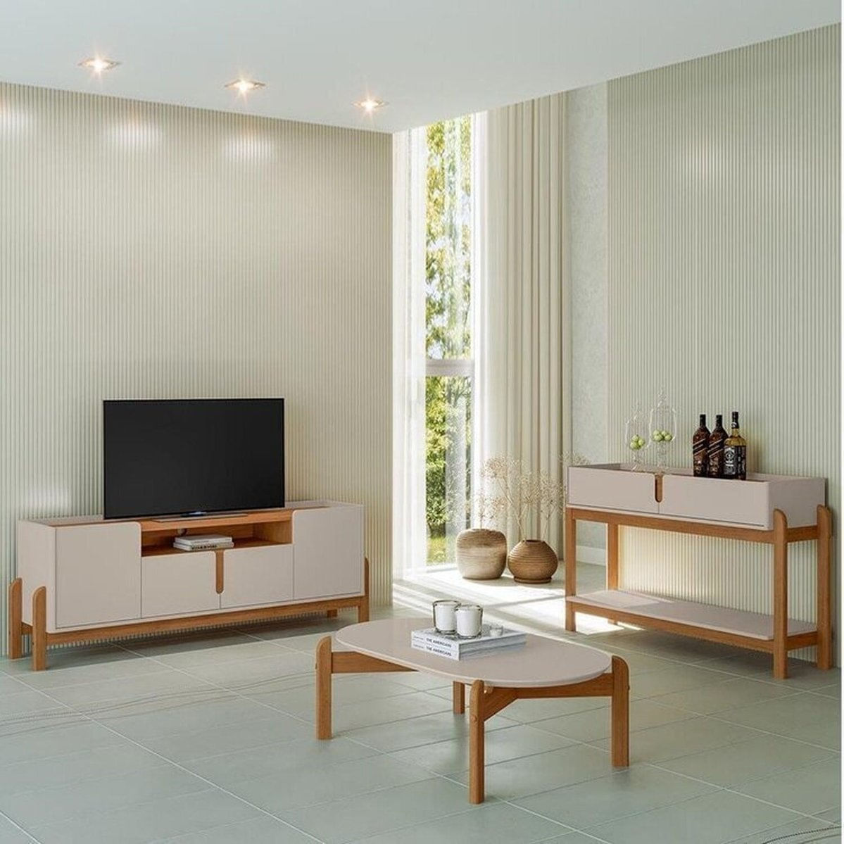 Rack 1,70 Com Mesa De Centro E Aparador 2 Gav Lizz Off White/cedro