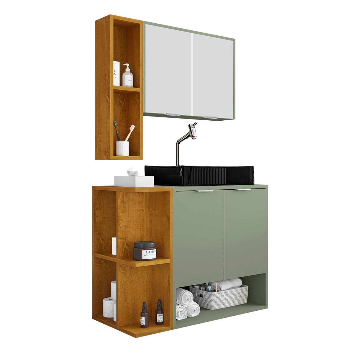 Gabinete Banheiro Star Com Espelheira E Cuba Dalla Preta Pistache/naturale