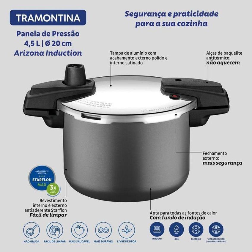 Panela De Pressão Tramontina Arizona Induction Em Alumínio Com Revestimento Antiaderente Titânio 20cm 4,5 Litros - imagem 4