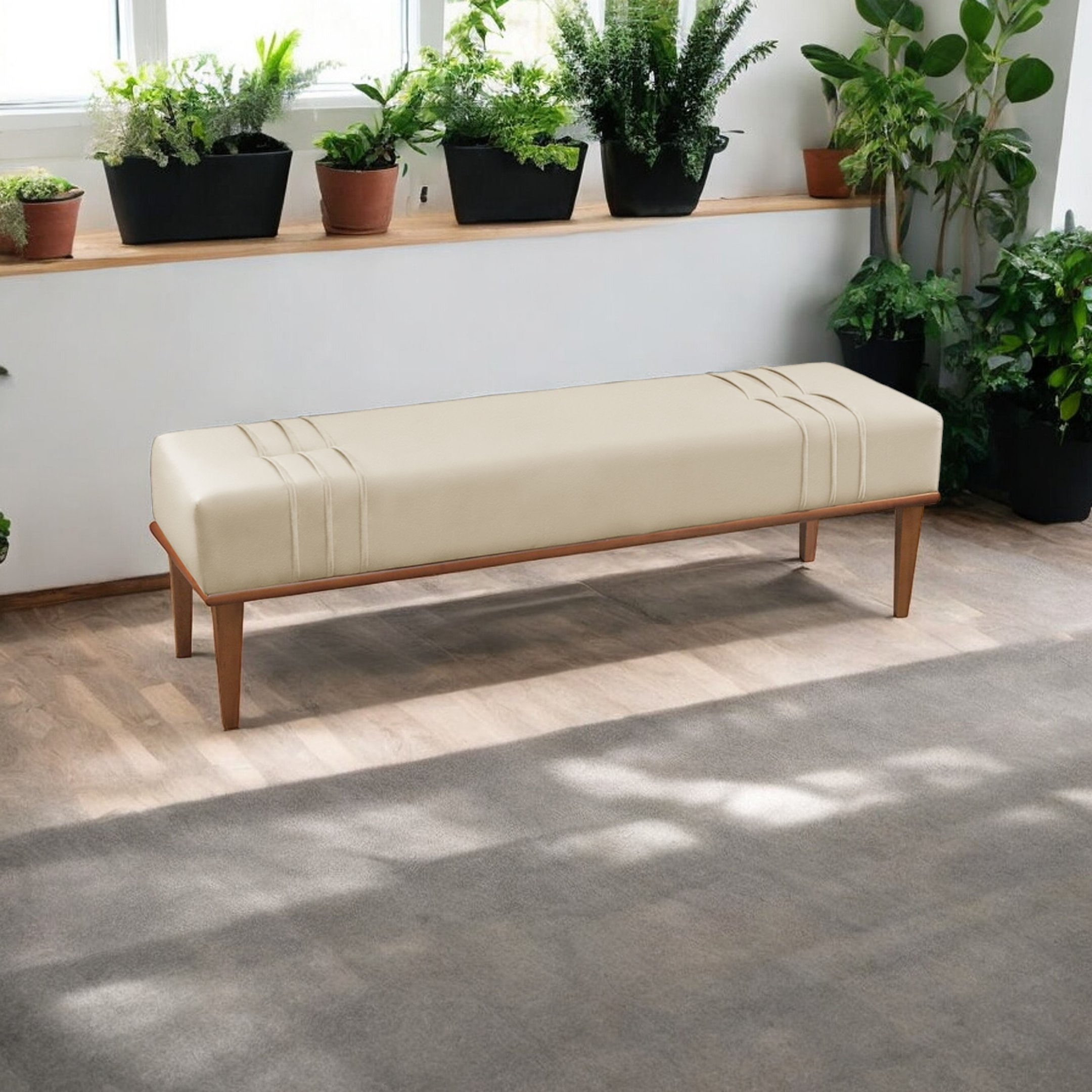 Recamier Puff Luxo Madeira Maciça Maya Bege Claro