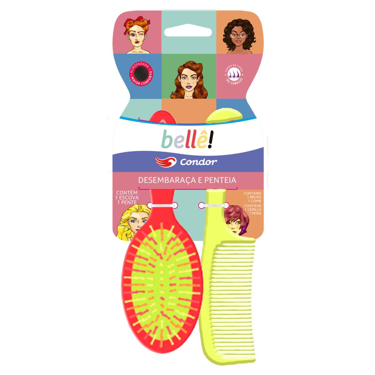 Kit Escova Almofadada Oval + Pente Para Cabelo Condor Bellê!