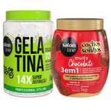 Kit Salon Line Gelatina 1kg + Creme 3 Em 1 Cachos Dos Sonhos Multy Chocolate 1kg