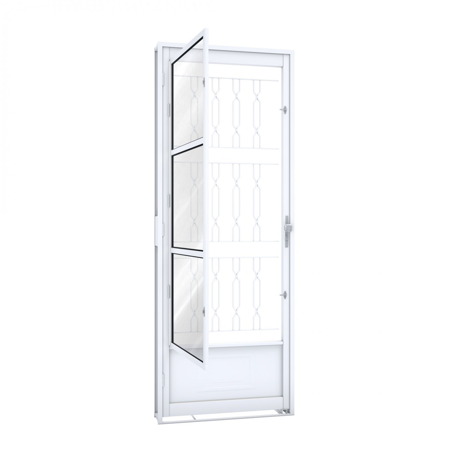 Porta De Aço Postigo 215x85cm Com Grade Mosaico E Vidro Liso Riobras Branco