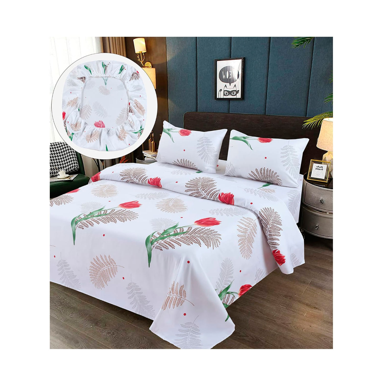 Lençóis De 1,5 Quadrados, 100% Algodão, Rosas Brancas Premium