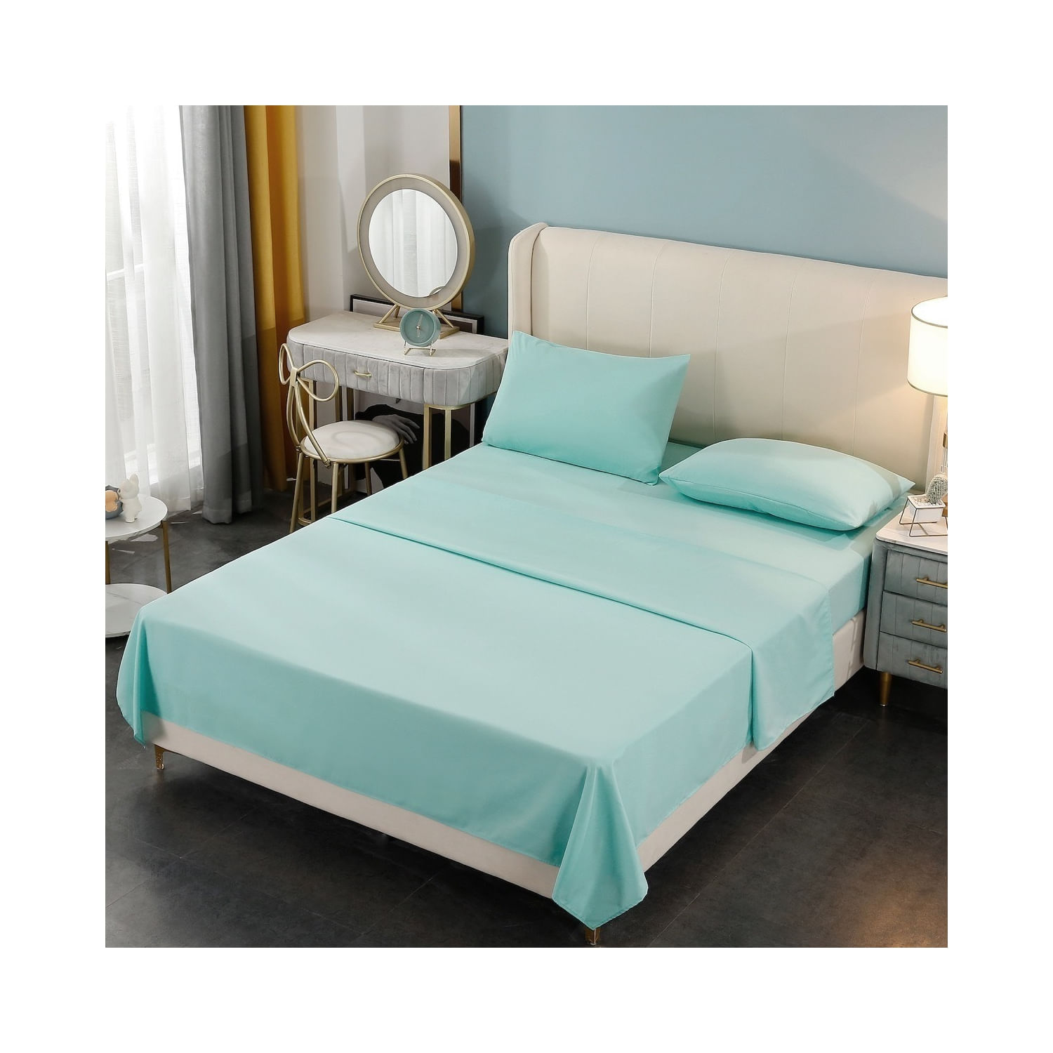 Conjunto De Lençóis King Size 200 Fios, 4 Peças - Azul Claro