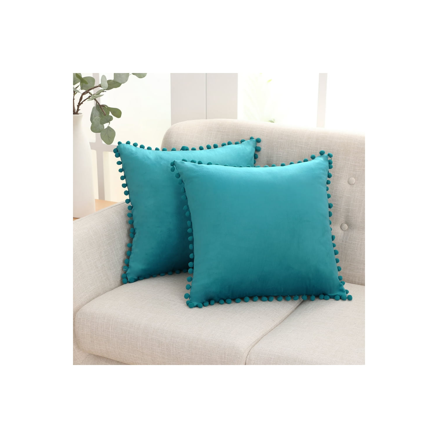 Pacote De Capas De Almofada De Veludo Turquesa Com Pompons 45x45cm