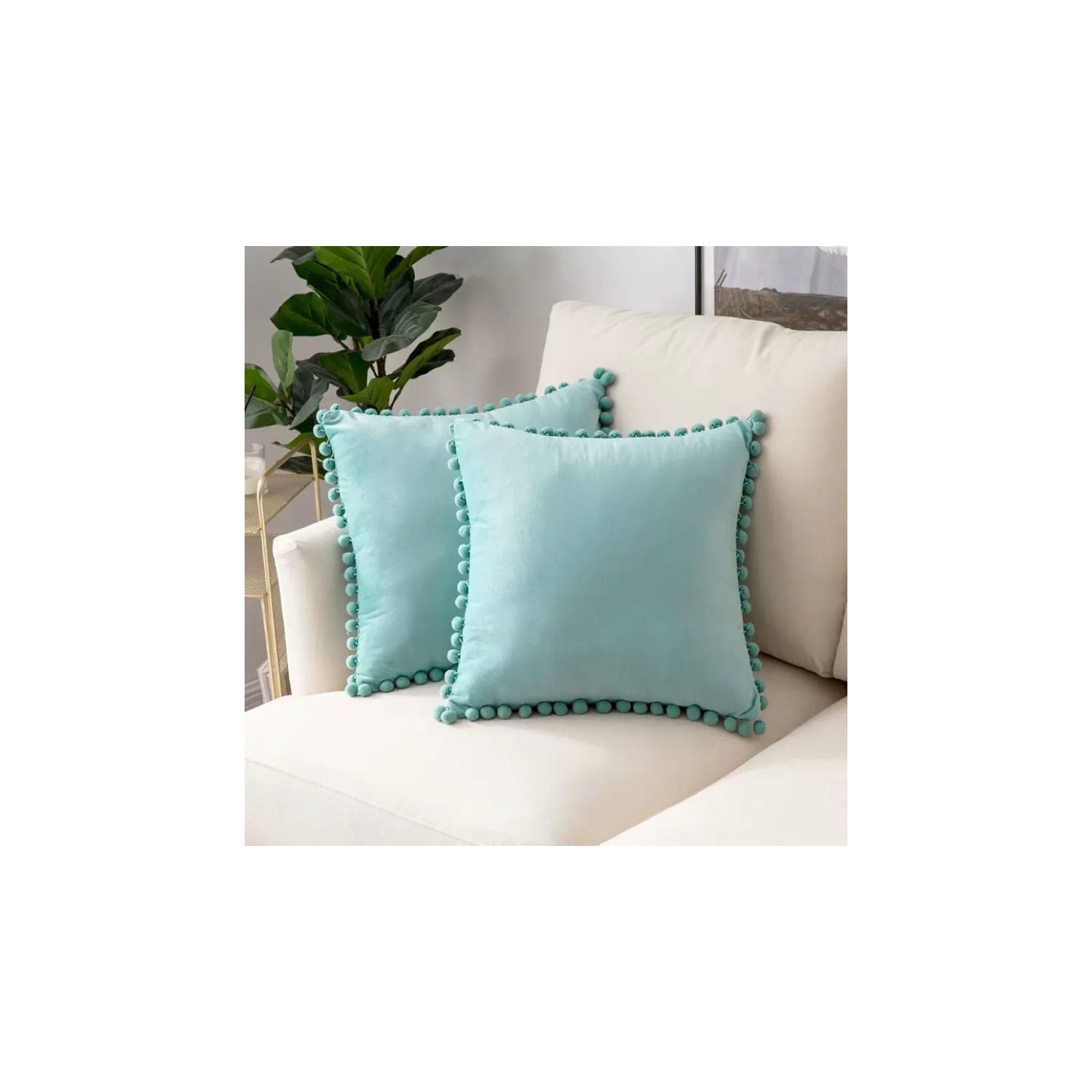 Capas De Almofada Genéricas Com Pompons 45 X 45 Cm - Azul Claro