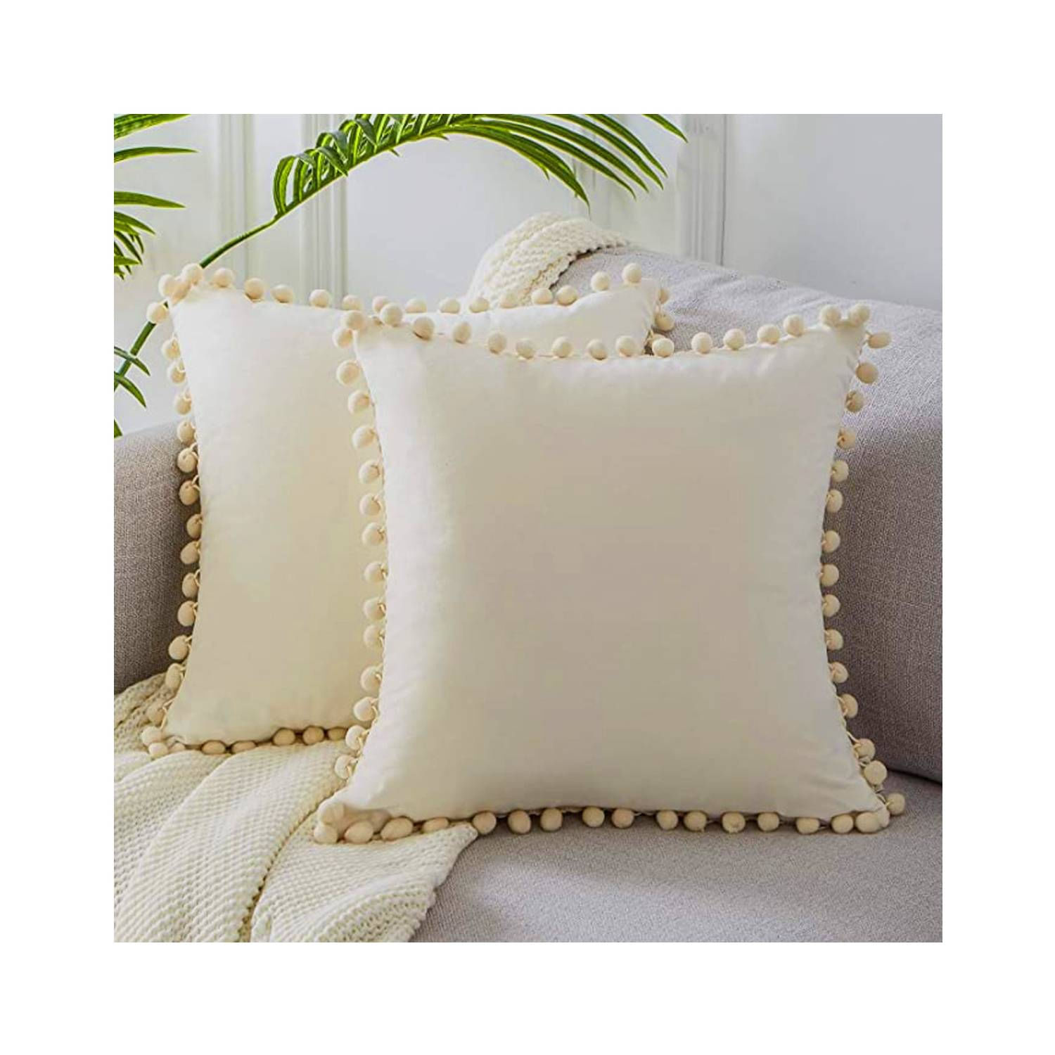 Pacote De Capa De Almofada Com 2 Pompom De Veludo 45x45cm Branco