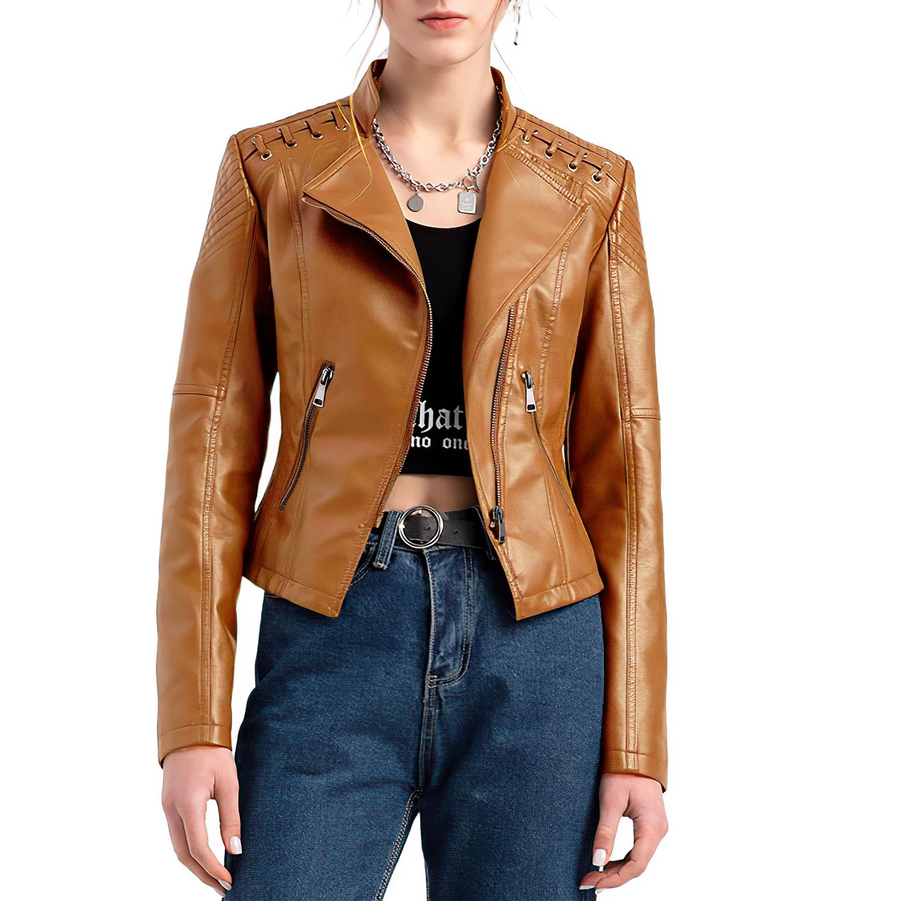 Jaqueta Feminina De Couro Sintético Motociclista Feminina Marrom