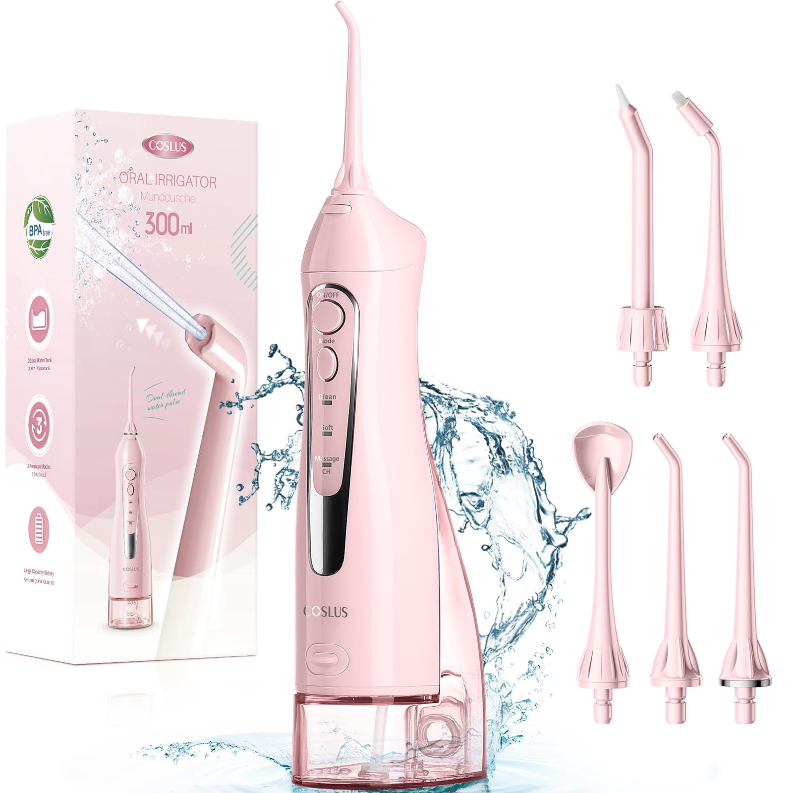 Fio Dental De Água Coslus F5020e Portátil 300ml Rosa