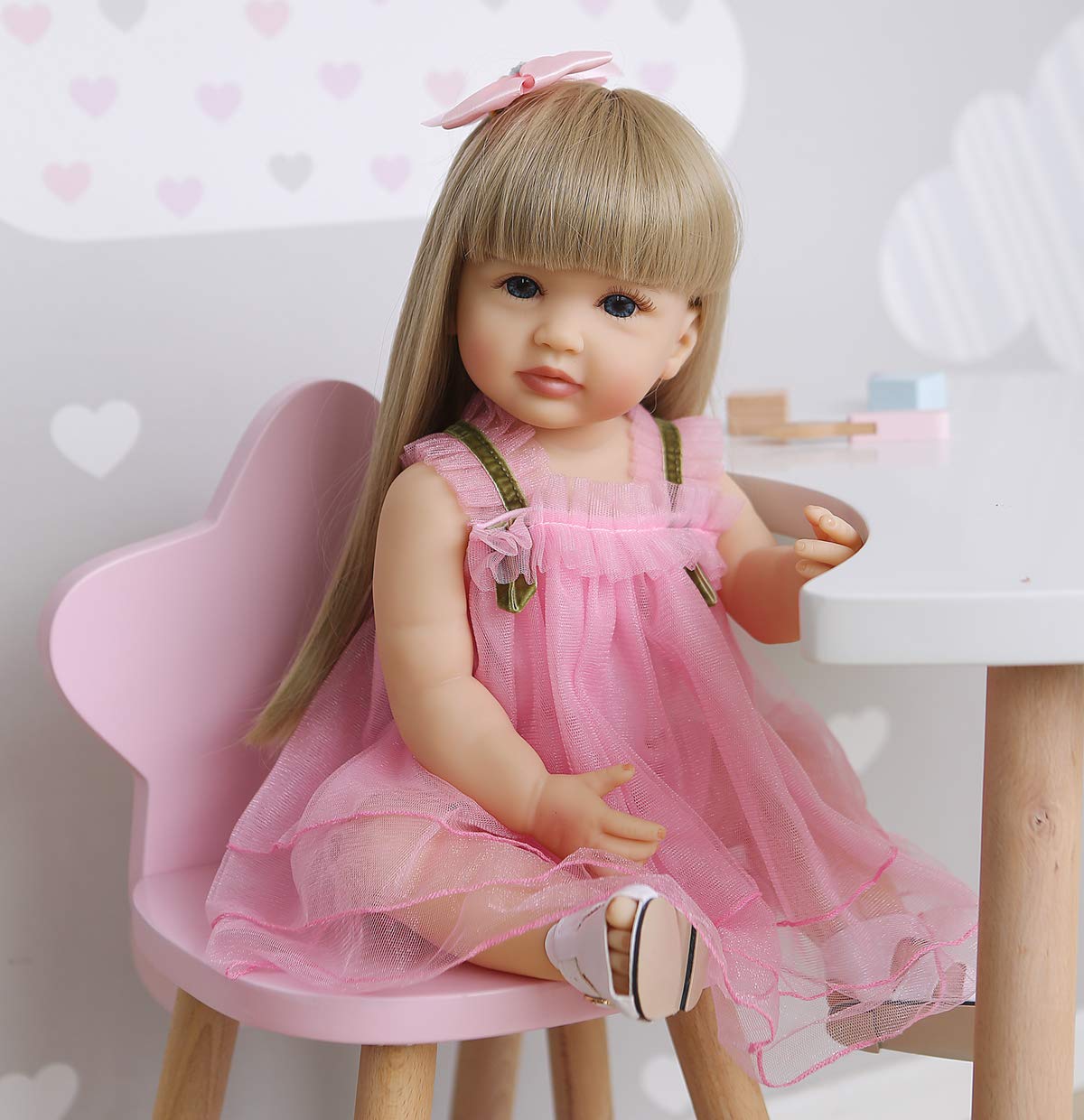 Boneca Reborn Roshuan, Menina De 55 Cm Com Cabelo Loiro E Vestido Rosa