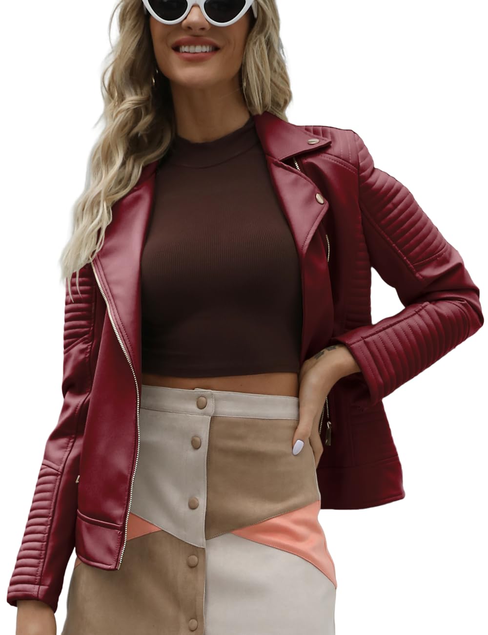 Jaqueta De Couro Giolshon Faux Short Para Mulheres Vermelha Tamanho M