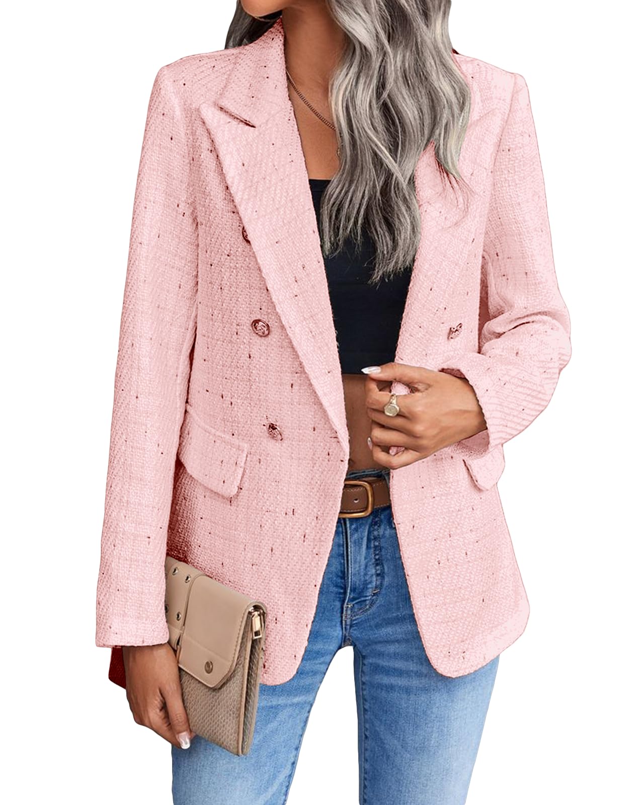 Blazer Mina Self Cropped Tweed Xadrez Rosa Para Mulheres Gg