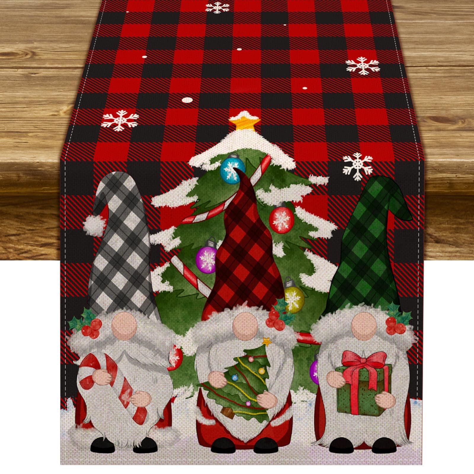 Table Runner Pudodo Christmas Gnome Buffalo Plaid Check