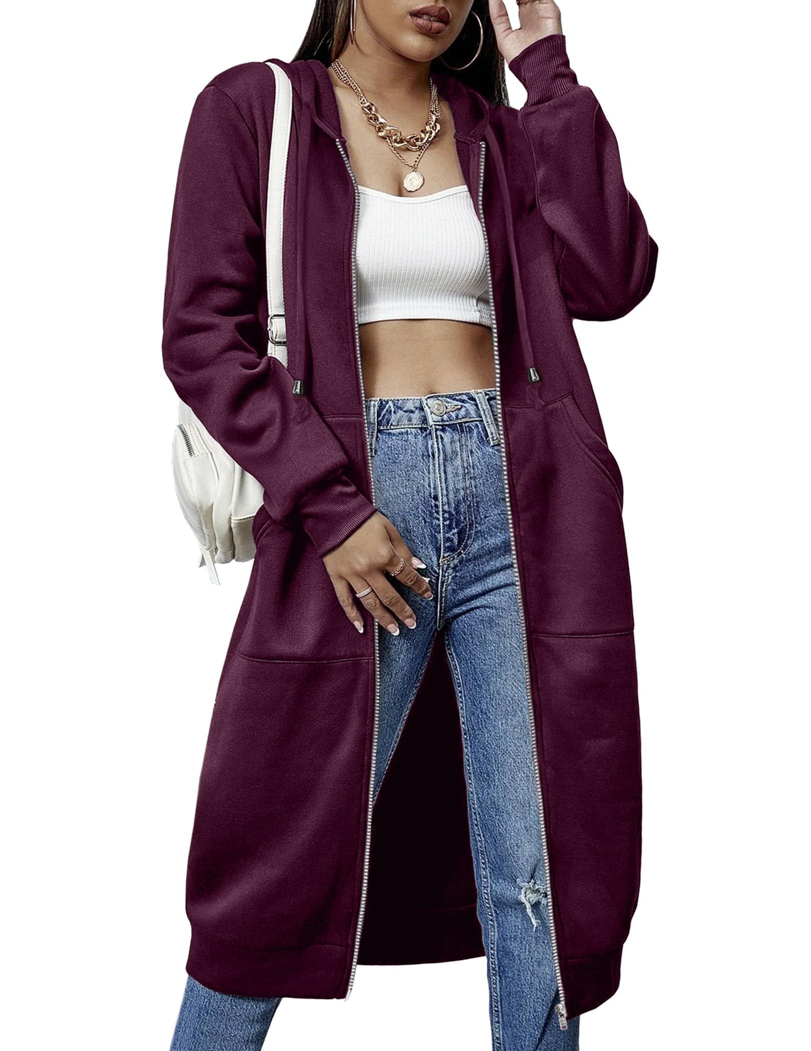 Moletom Feminino Com Capuz Elesol, Moderno, Com Zíper E Bolsos, 3gg