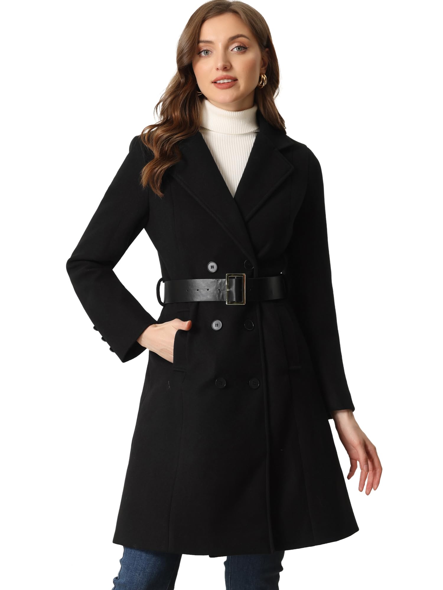 Casaco Allegra K Winter Overcoat, Gola De Lapela, Cinto, Preto Xs