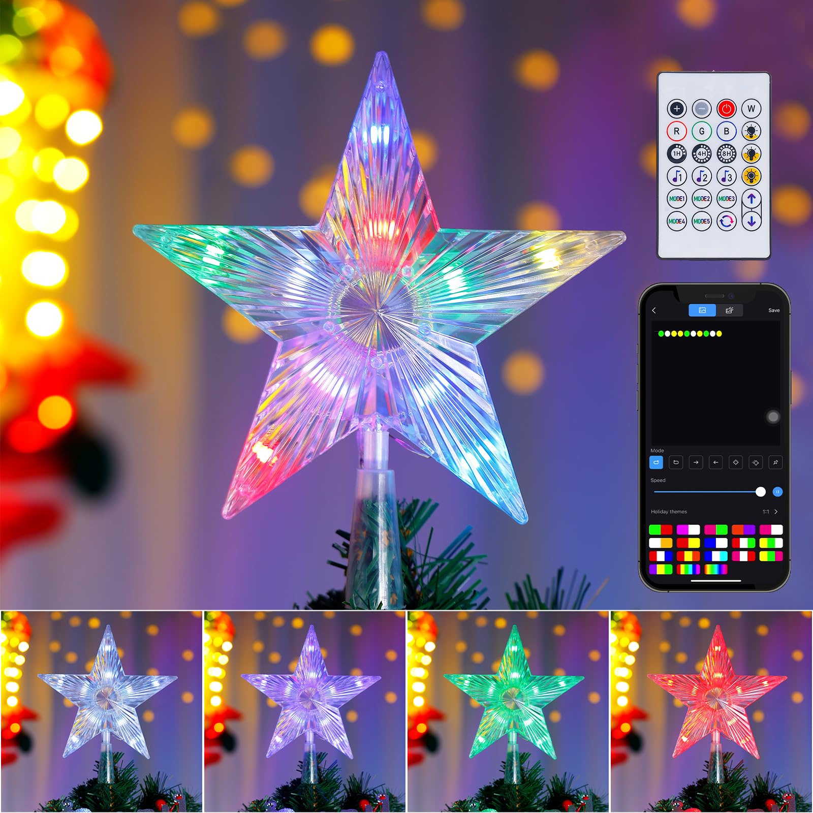 Christmas Tree Topper Star Lighted 19 Cm Com Controle Remoto