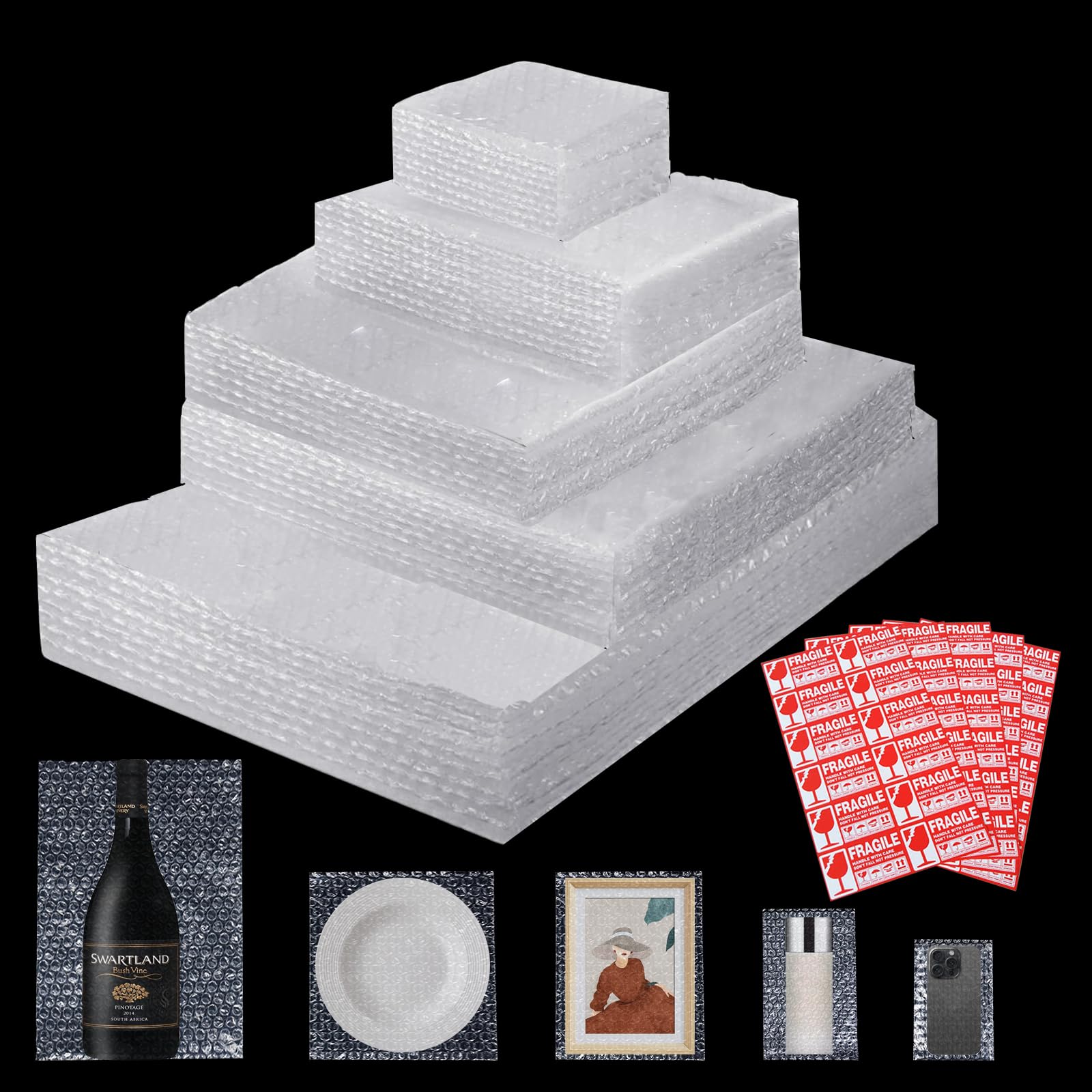 Bolsas Bubble Wrap Eavan 120 Unidades, 5 Tamanhos E 60 Adesivos