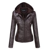 Jaqueta Springrain De Couro Sintético Moto Biker Com Capuz, Café Feminino