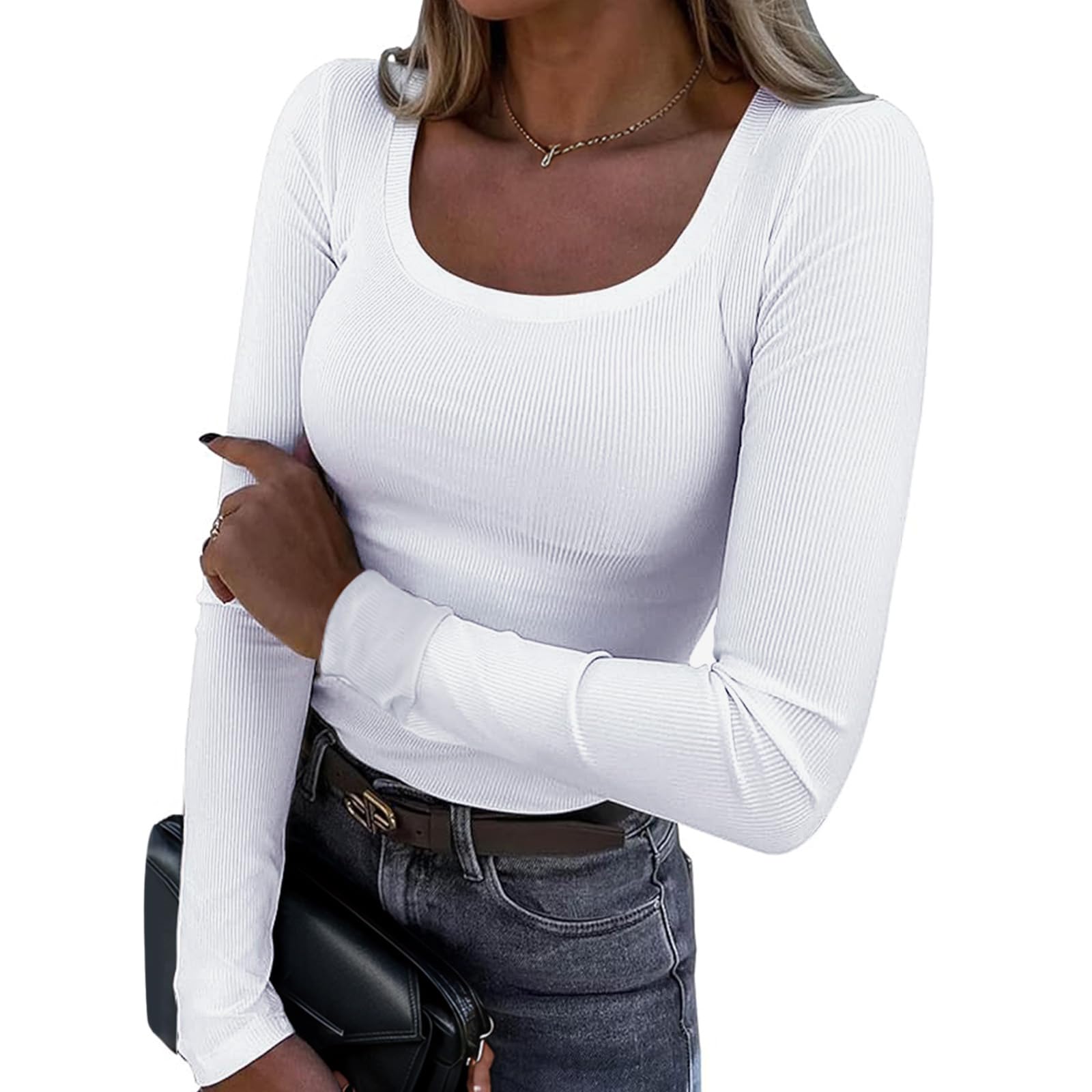 Camisa Feminina De Manga Comprida Ya Belt Em Malha Canelada Ajustada Branca