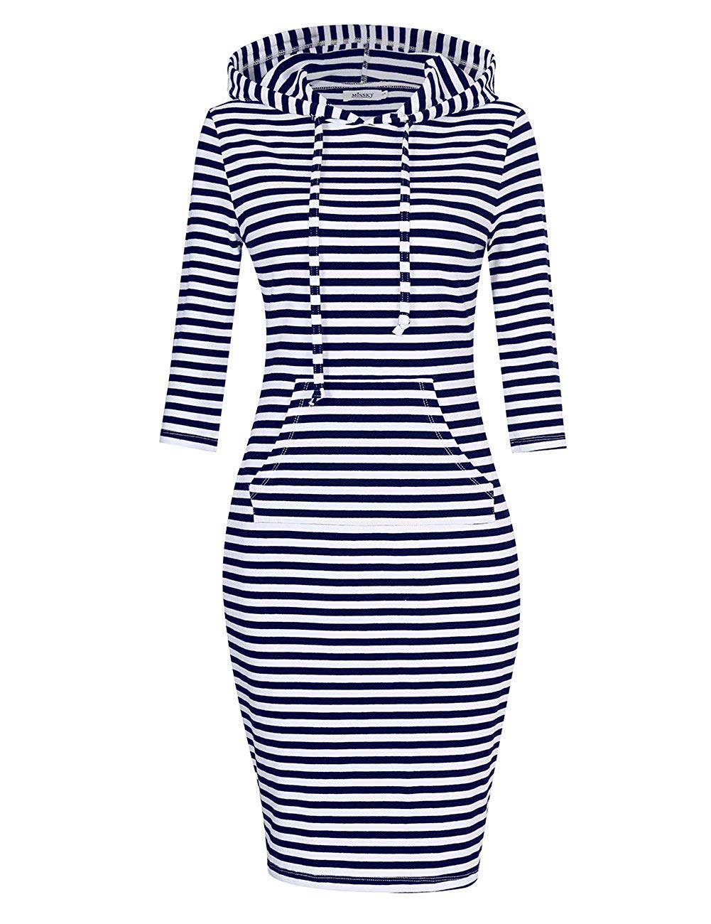 Vestido Missky Stripe Navy Sweatshirt Com Capuz E Bolso Feminino