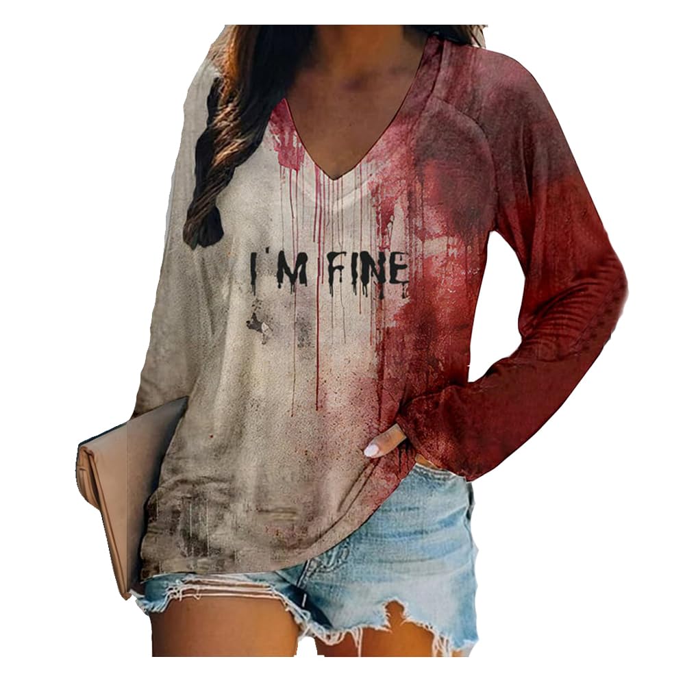Camiseta Feminina Genérica I'm Fine Halloween Blood Print Rose
