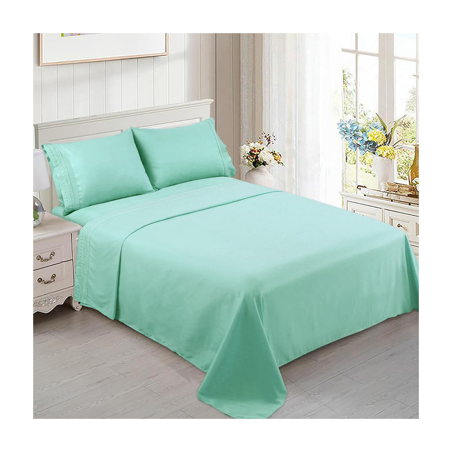 Conjunto De Lençóis King Size De 200 Fios - Verde Claro 60% Algodão