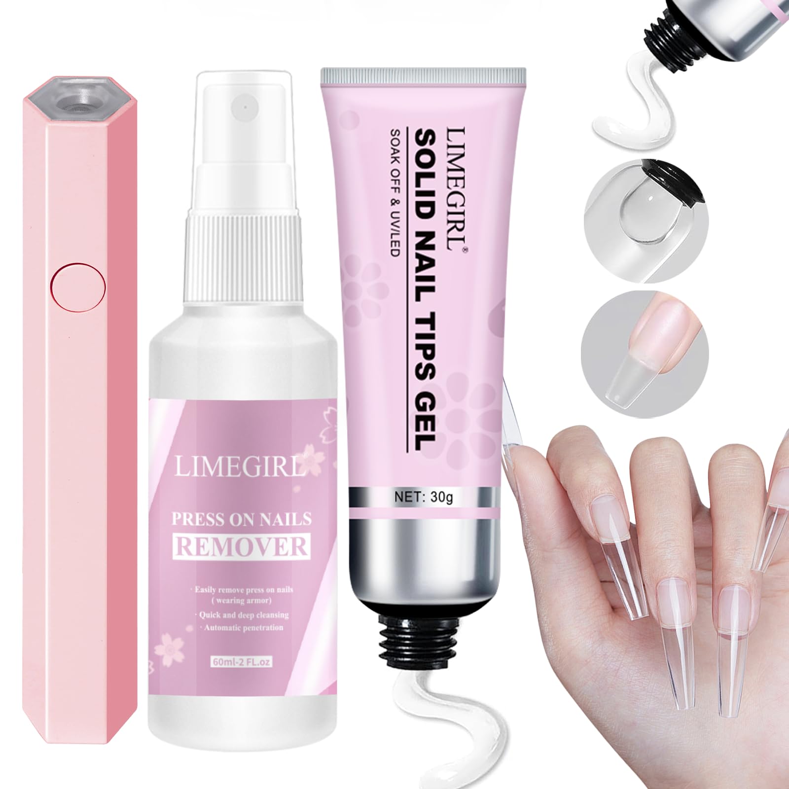 Kit De Cola Para Unhas Limegirl 3 Em 1 Com Cola De 30 G, Removedor De 60 Ml E Lâmpada