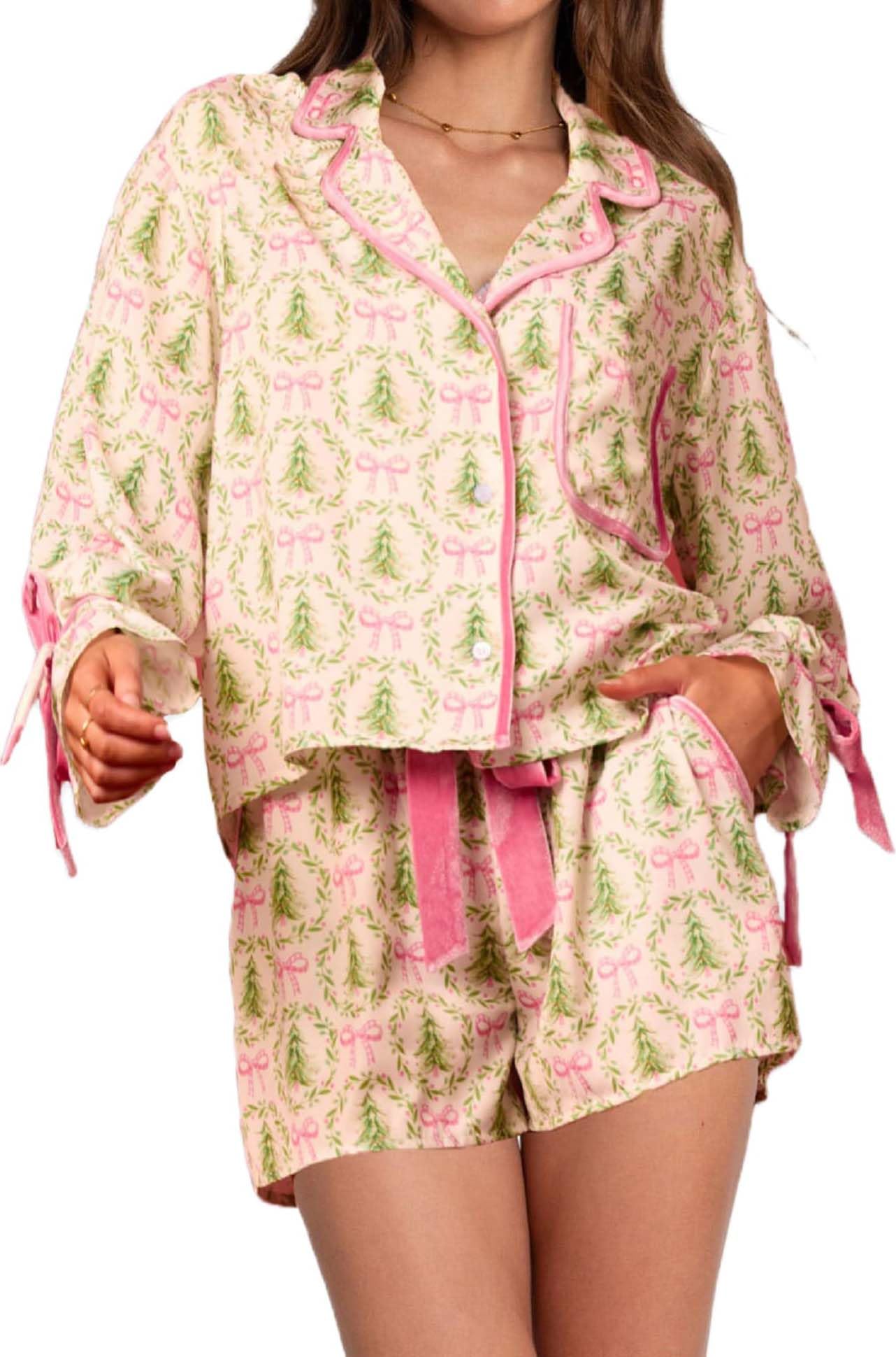 Conjunto De Pijama Yiulangde, Árvore De Natal Feminina De Seda Com Gravata Borboleta