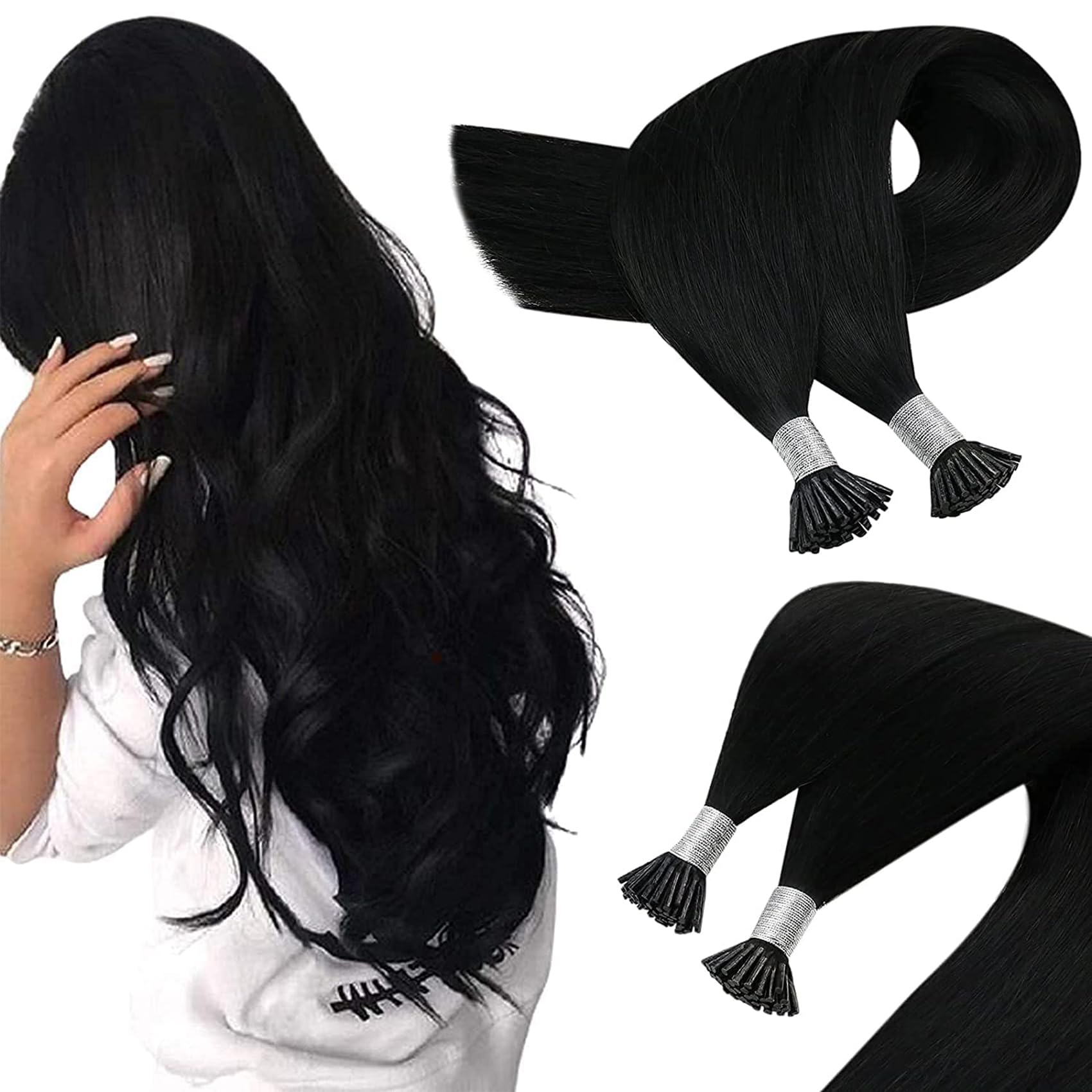 Extensões De Cabelo Sunny I Tip 50g Jet Black Human Hair 14 Polegadas