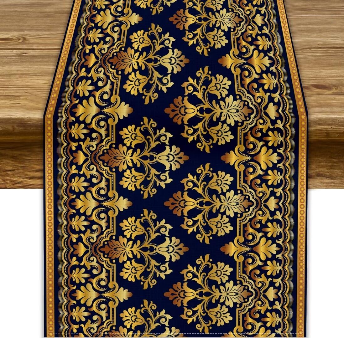 Table Runner Janjcurt Golden Damask Luxury Antique Blue Gold