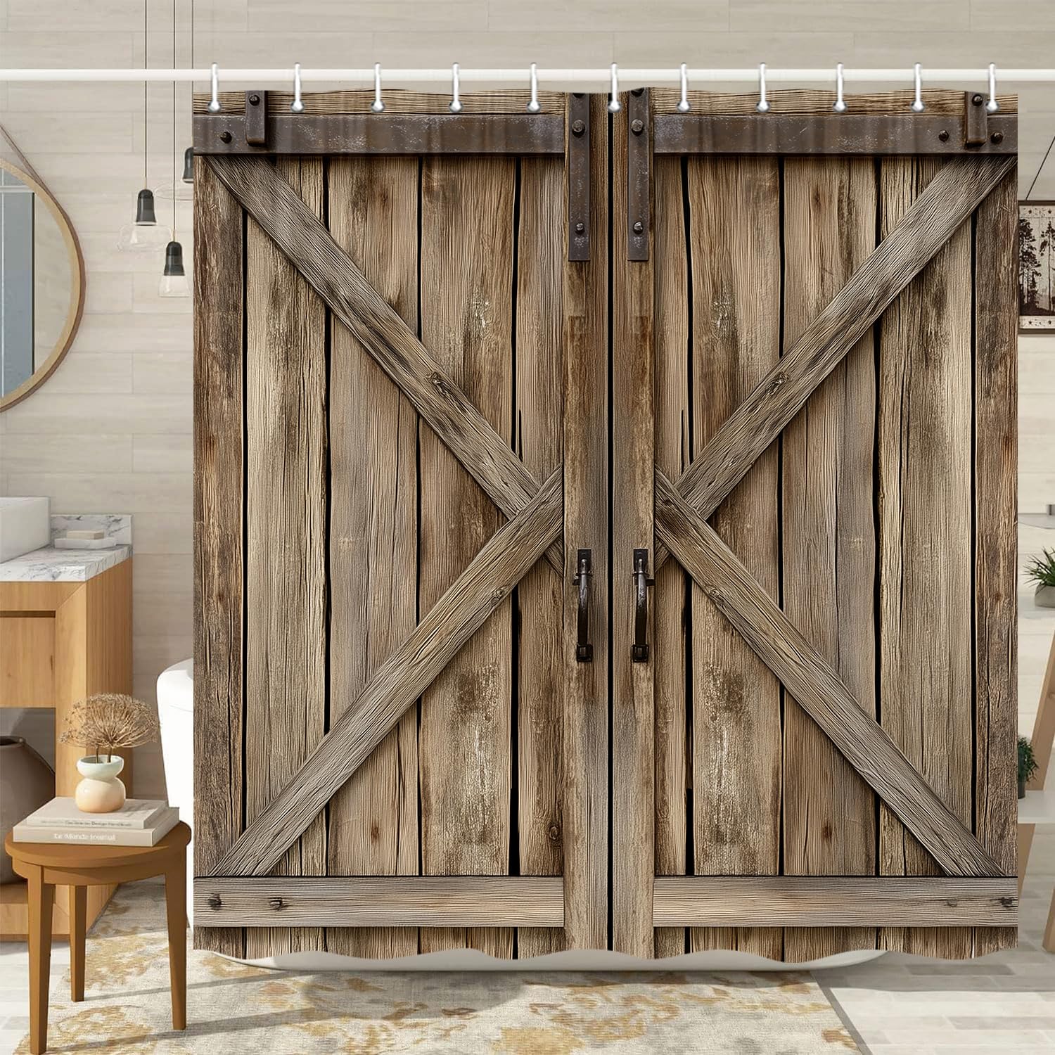 Cortina De Chuveiro Viajar Wooden Barn Door Rustic 180x180cm