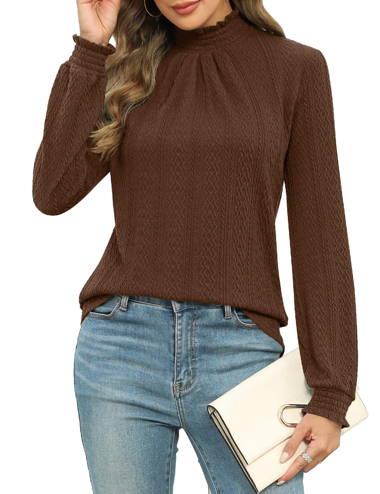 Camisa Micoson Western Feminina Elegante Casual, Gola Alta, Marrom S