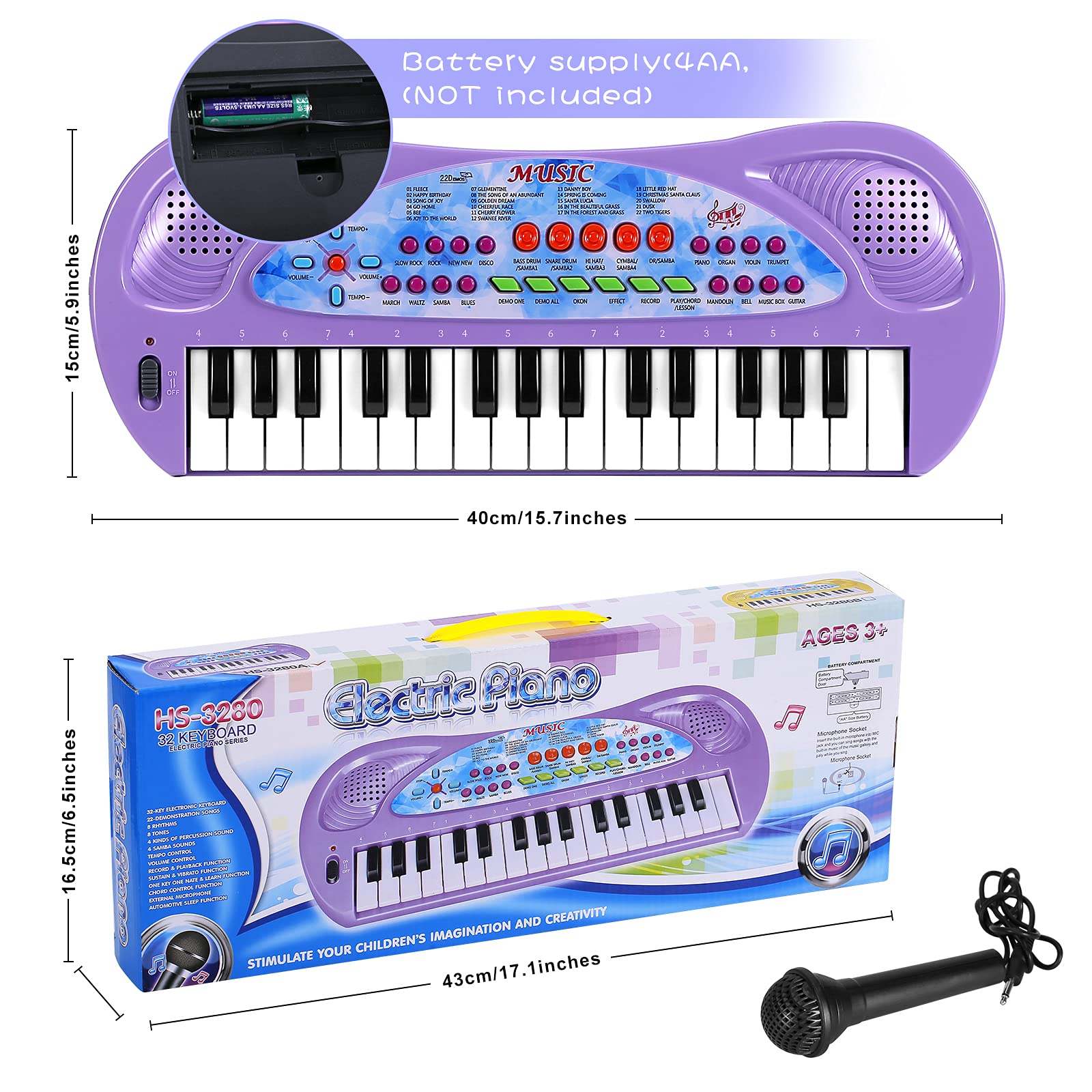 Piano De Teclado Raimy Mini Para Crianças De 32 Teclas Com Microfone Roxo